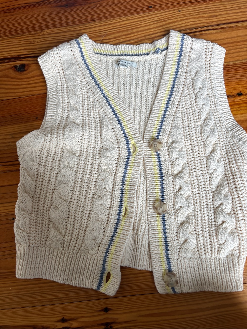 American Eagle Outfitters Cream Cable Knit Vest with Blue & Yellow Trim